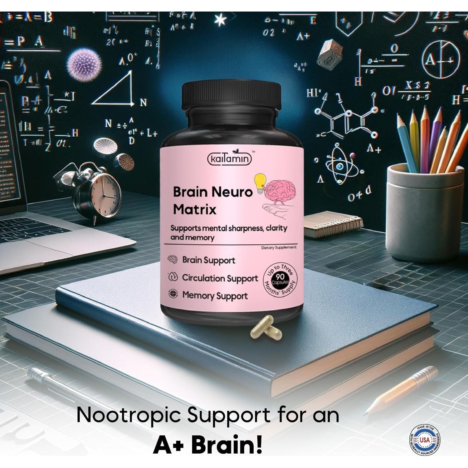 Nootropic Vitamin Brain Matrix - Memory, Focus & Aging Support - Decaffeinated - 90 Tablets.