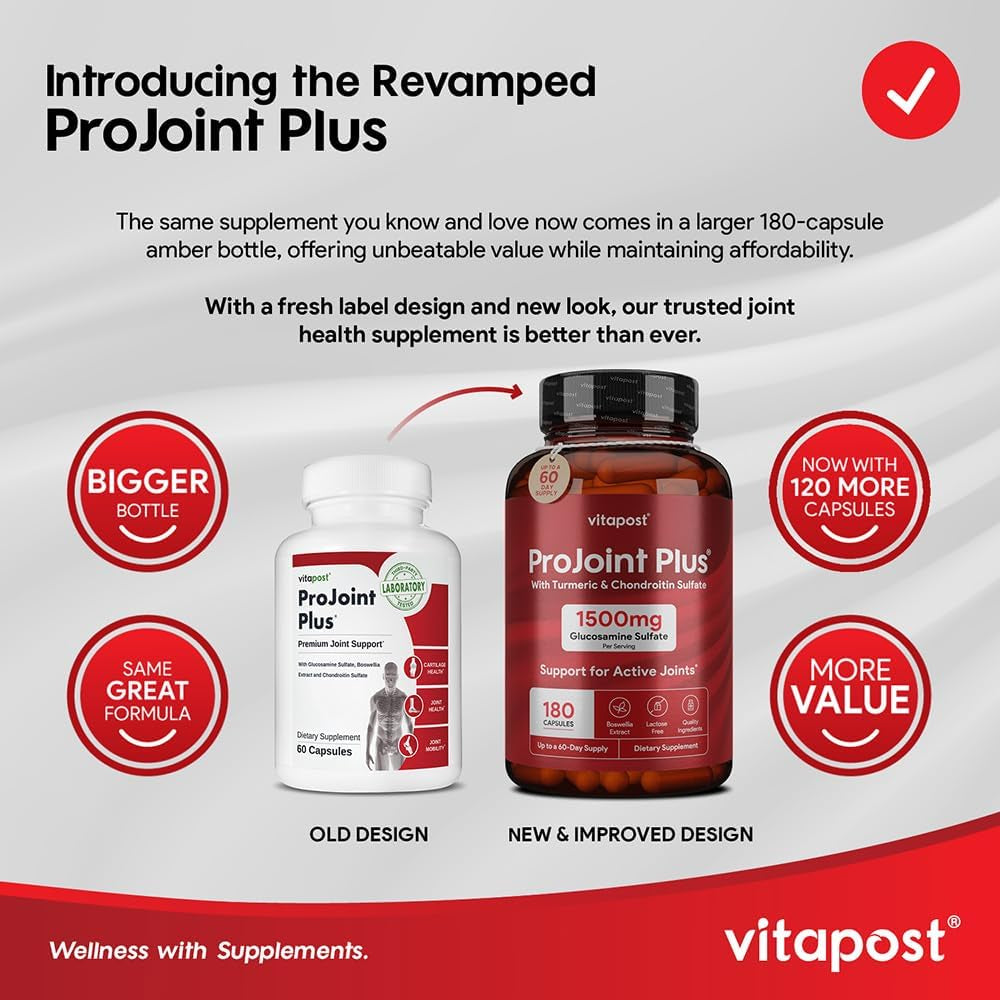 Projoint plus Joint Support Supplement with Glucosamine Sulfate, Chondroitin, MSM, Turmeric, Boswellia & Bromelain - 180 Capsules