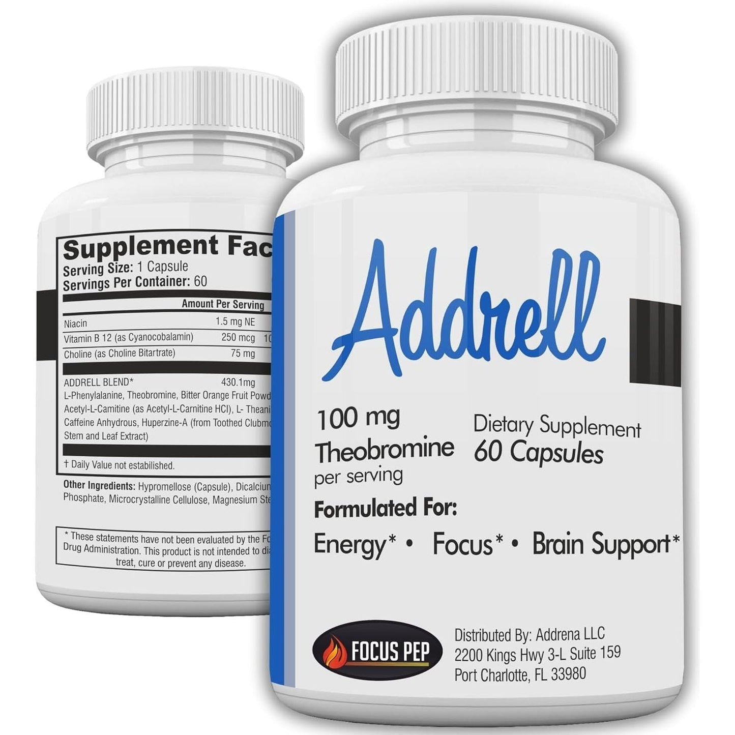 Addrell Energy Stimulant Pills- Natural Nootropic Brain Supplement Alternative Pill & Study Supplements - 60 Capsules