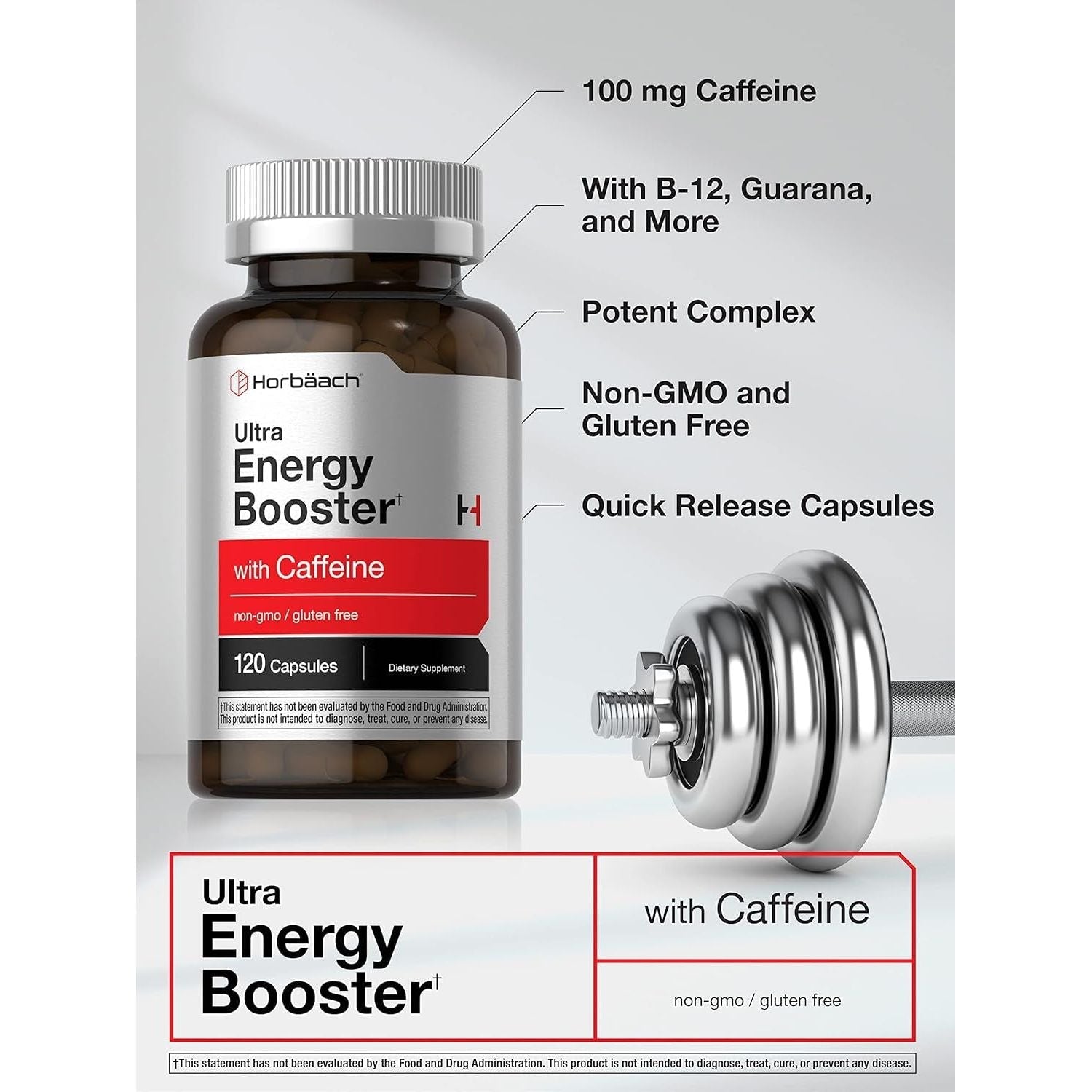 Horbäach Energy Supplement with Caffeine, Ginseng & Vitamin B12 120 Capsules