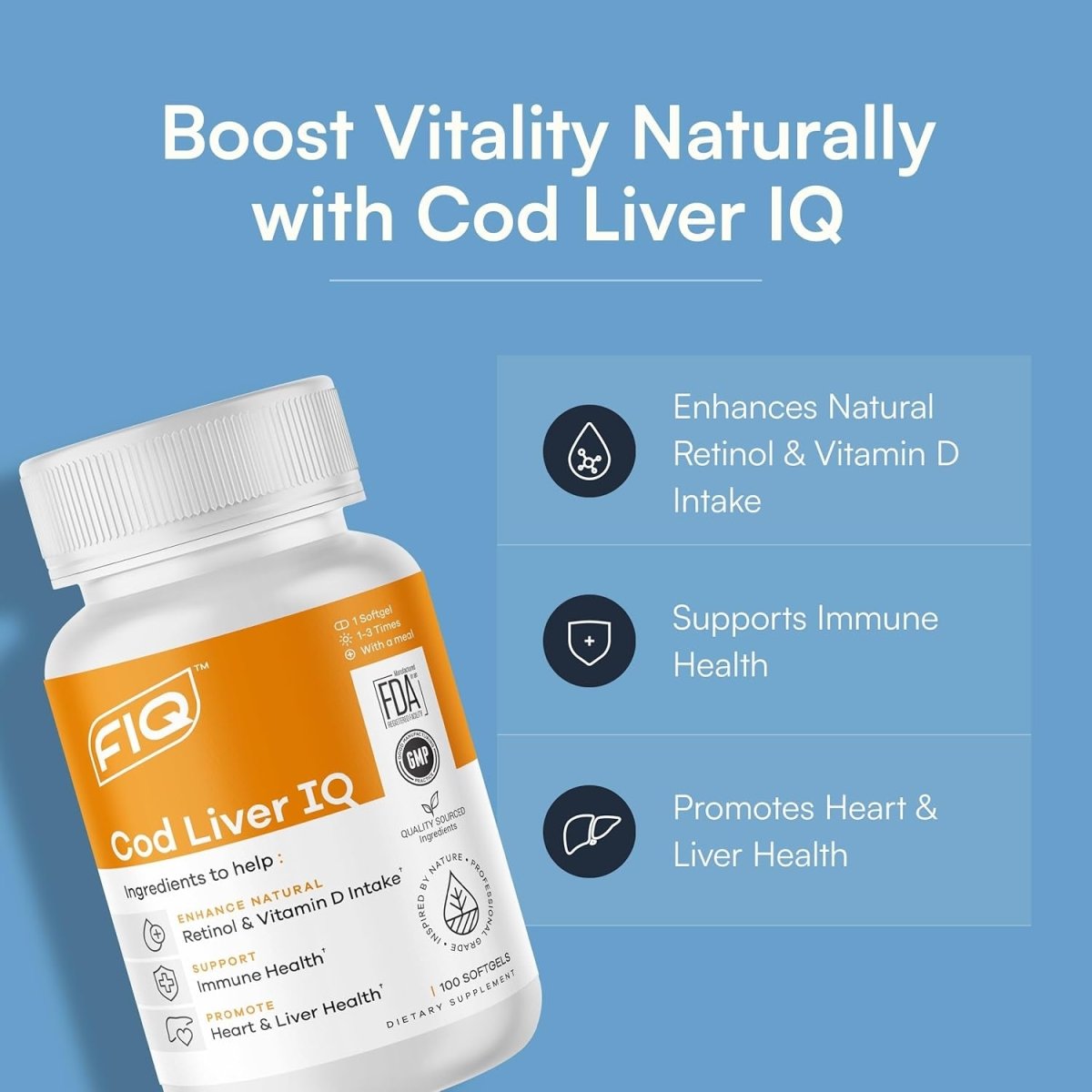 FIQ - Cod Liver IQ Cod Liver Oil Softgels Vitamins A & D and Omega - 3 Fatty Acids - Suppviv