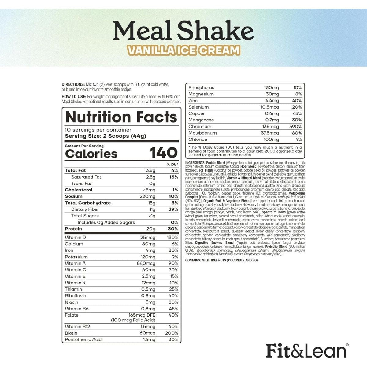 Fit & Lean Meal Shake, Fat Burning Meal Replacement, Protein, Fiber, Probiotics, Vanilla, 1Lb, 10 Servings - Suppviv