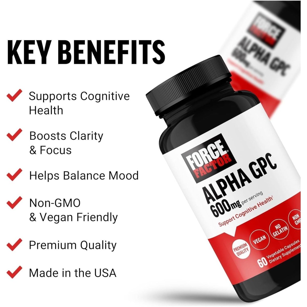 FORCE FACTOR Alpha GPC Brain Supplement for Memory and Focus, Mood Support Supplement with Alpha GPC 300Mg, 60 Capsules - Suppviv