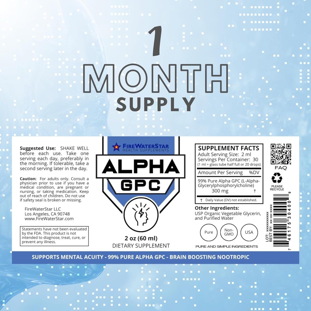 FWS Alpha GPC Choline Liquid Drops - Brain Supplement for Memory and Focus - 300Mg - 30 Day Supply - Suppviv
