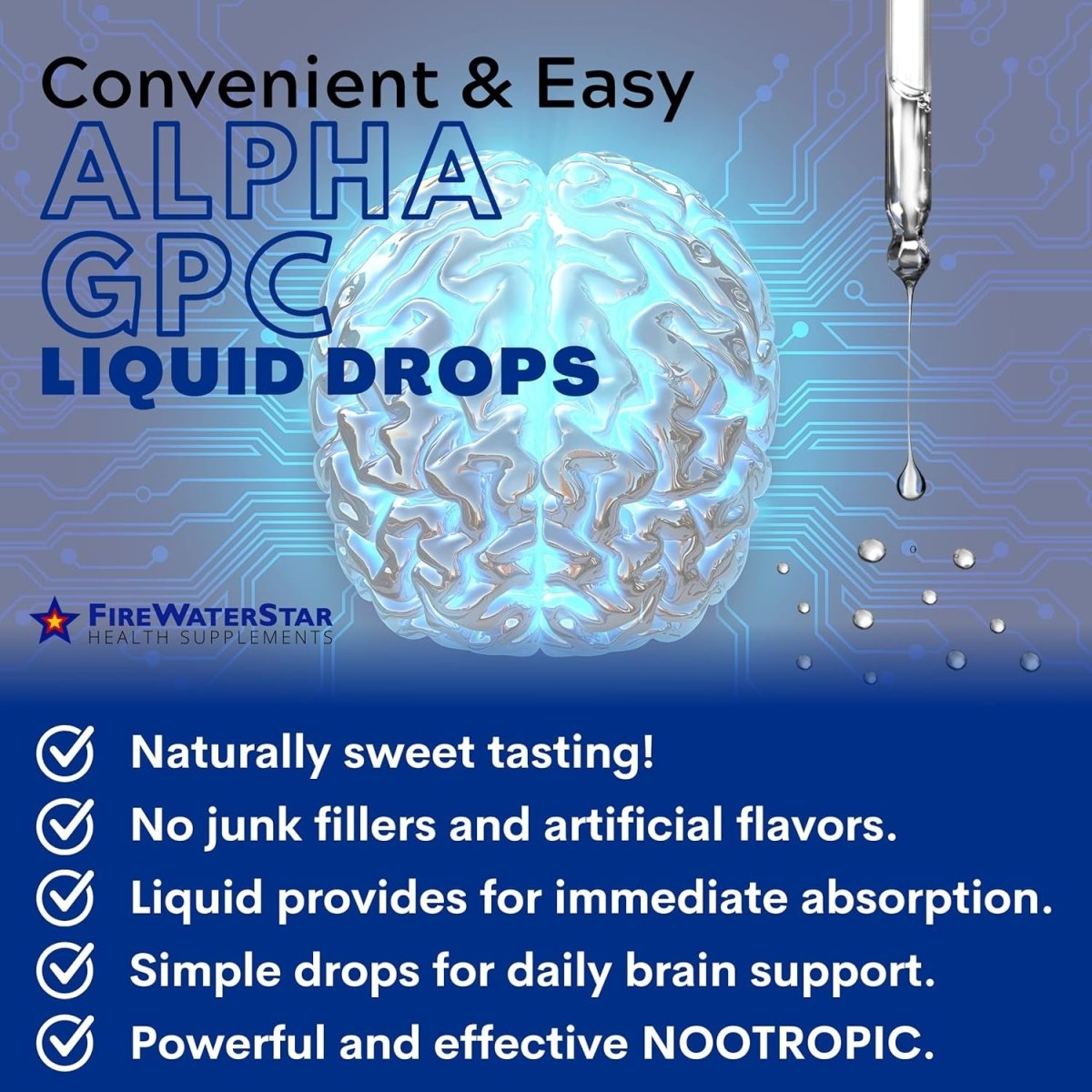 FWS Alpha GPC Choline Liquid Drops - Brain Supplement for Memory and Focus - 300Mg - 30 Day Supply - Suppviv