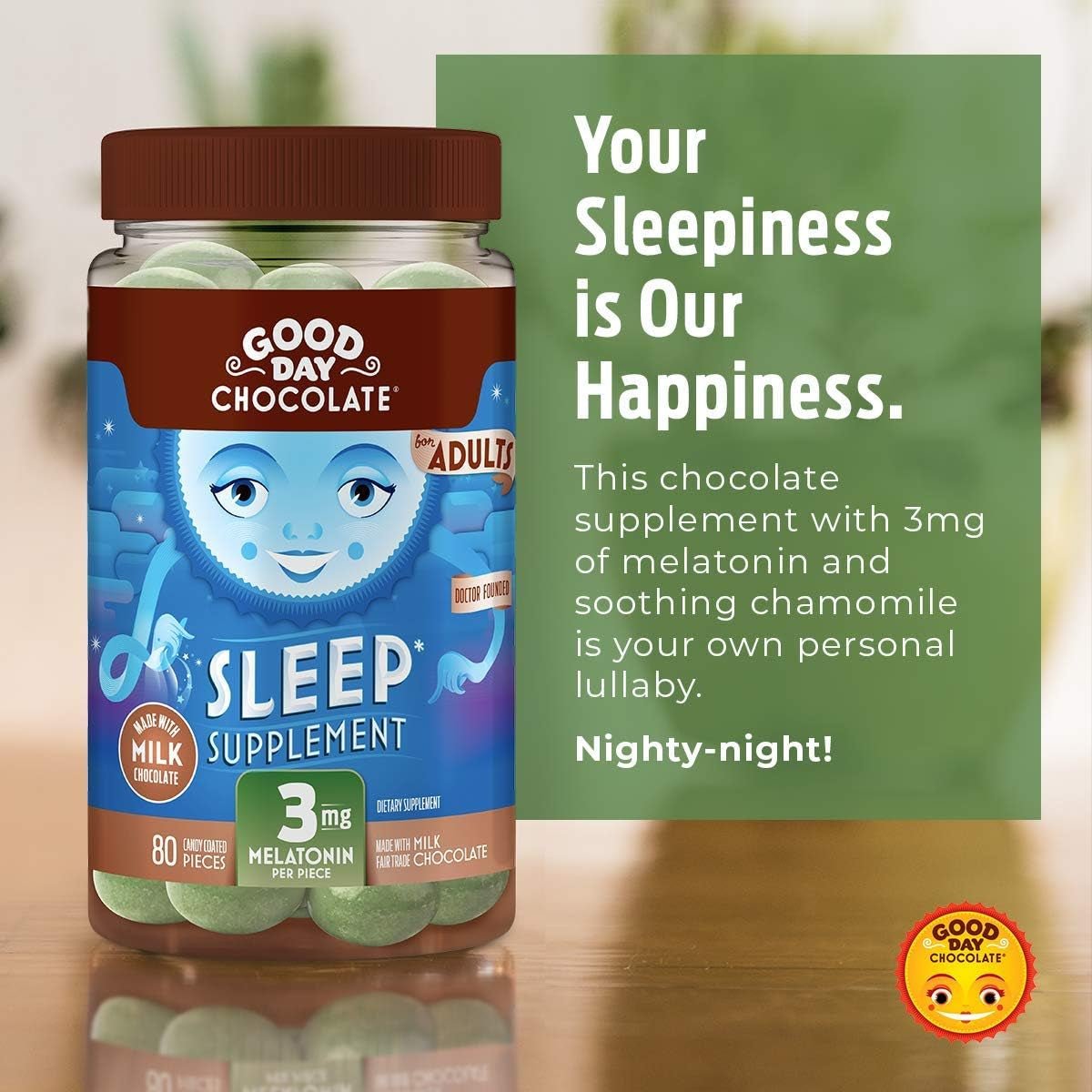 Good Day Chocolate Melatonin - Adult Natural Sleep Aid Supplement 80 Count - Suppviv
