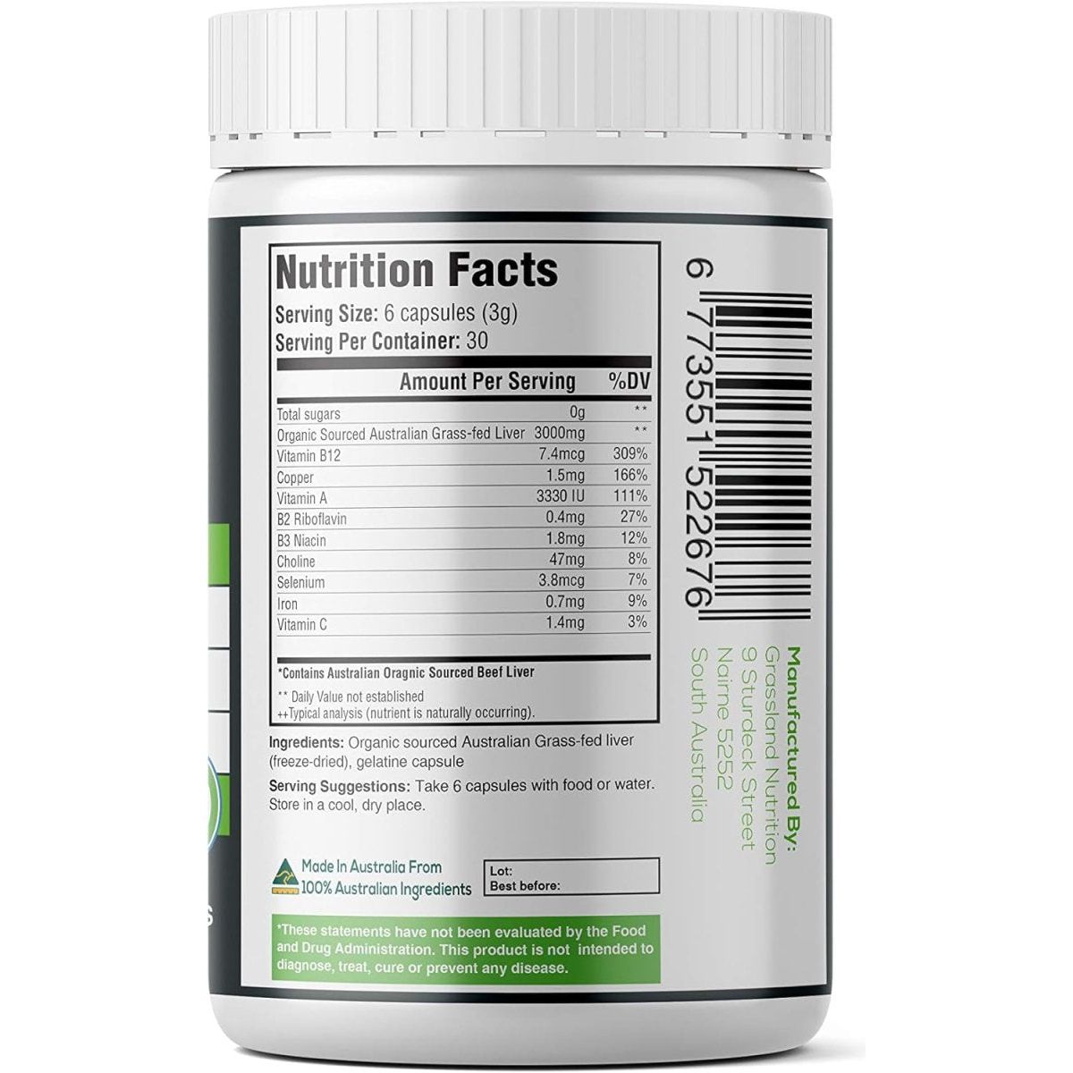 Grass Fed Beef Liver 100% Organic Sourced (180 Capsules) - Suppviv