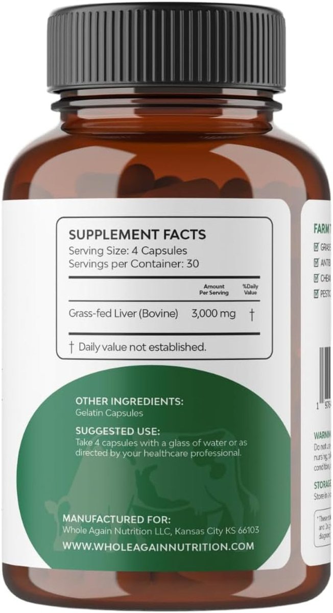 Grass Fed Beef Liver Capsules - 100% Pasture Raised (120 Count/3,000Mg Serving ) - Suppviv