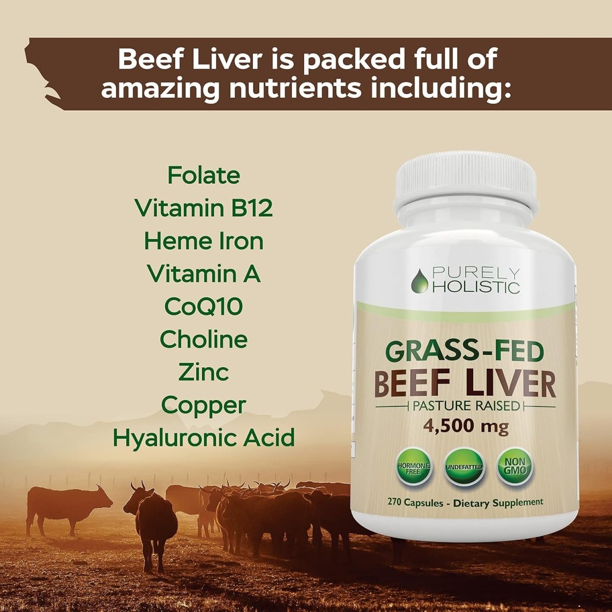 Grass Fed Beef Liver Capsules 4500Mg - 270 Capsules - Suppviv