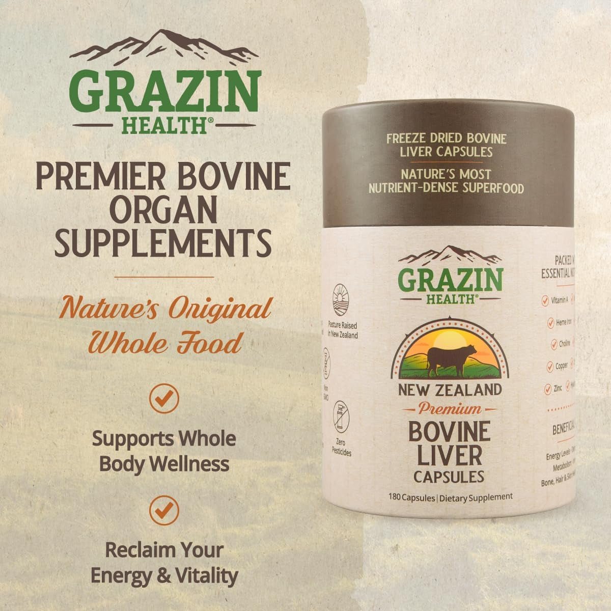 Grass Fed Beef Liver from New Zealand - Freeze Dried 3000Mg (30 Servings) - Suppviv