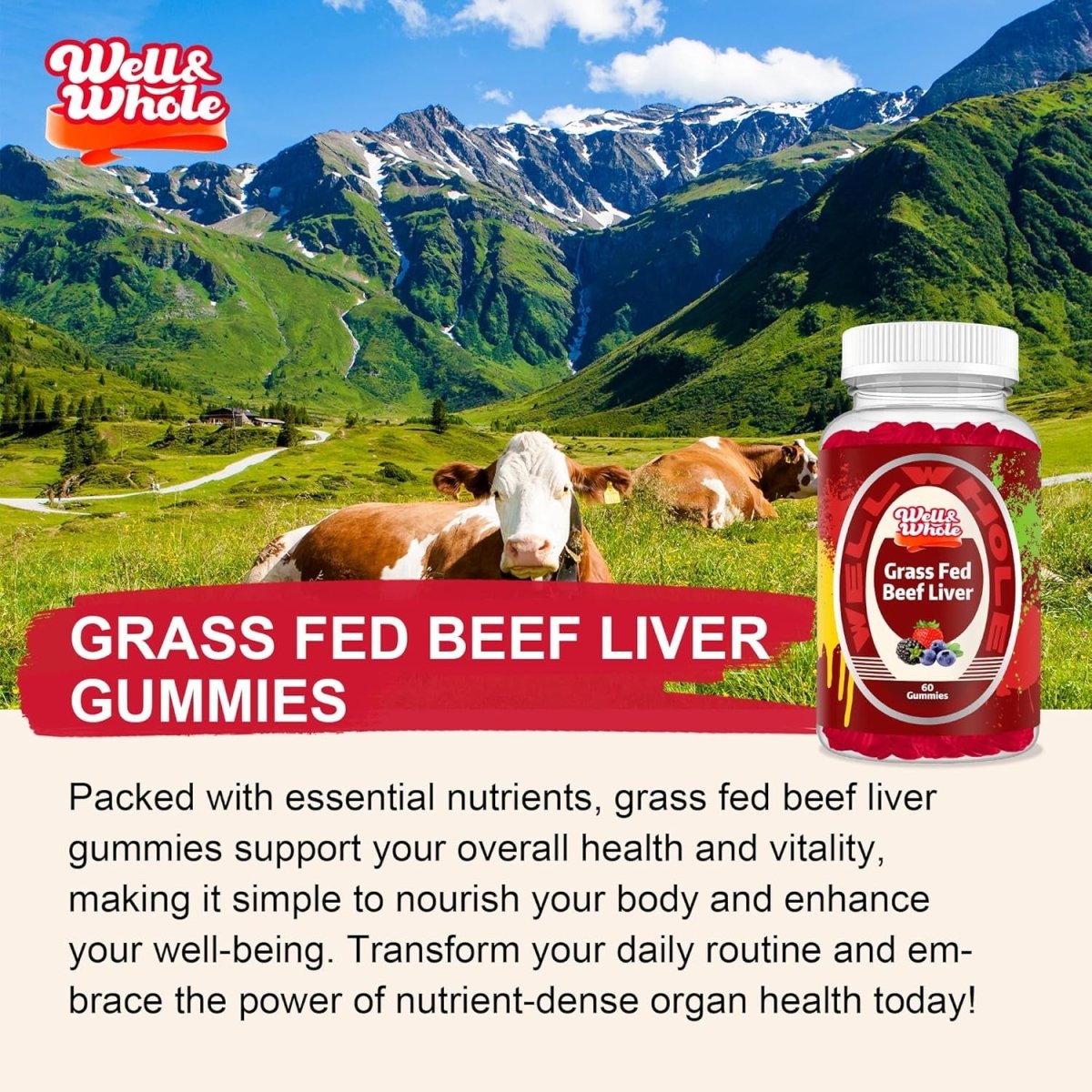 Grass Fed Beef Liver Gummies, Non GMO, Gluten Free, 60 Counts - Suppviv