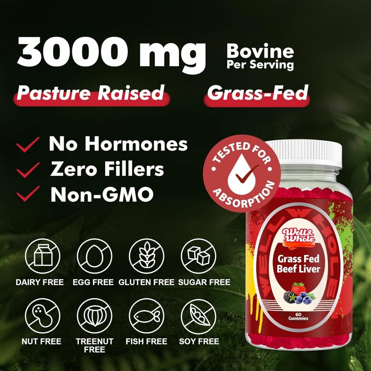 Grass Fed Beef Liver Gummies, Non GMO, Gluten Free, 60 Counts - Suppviv