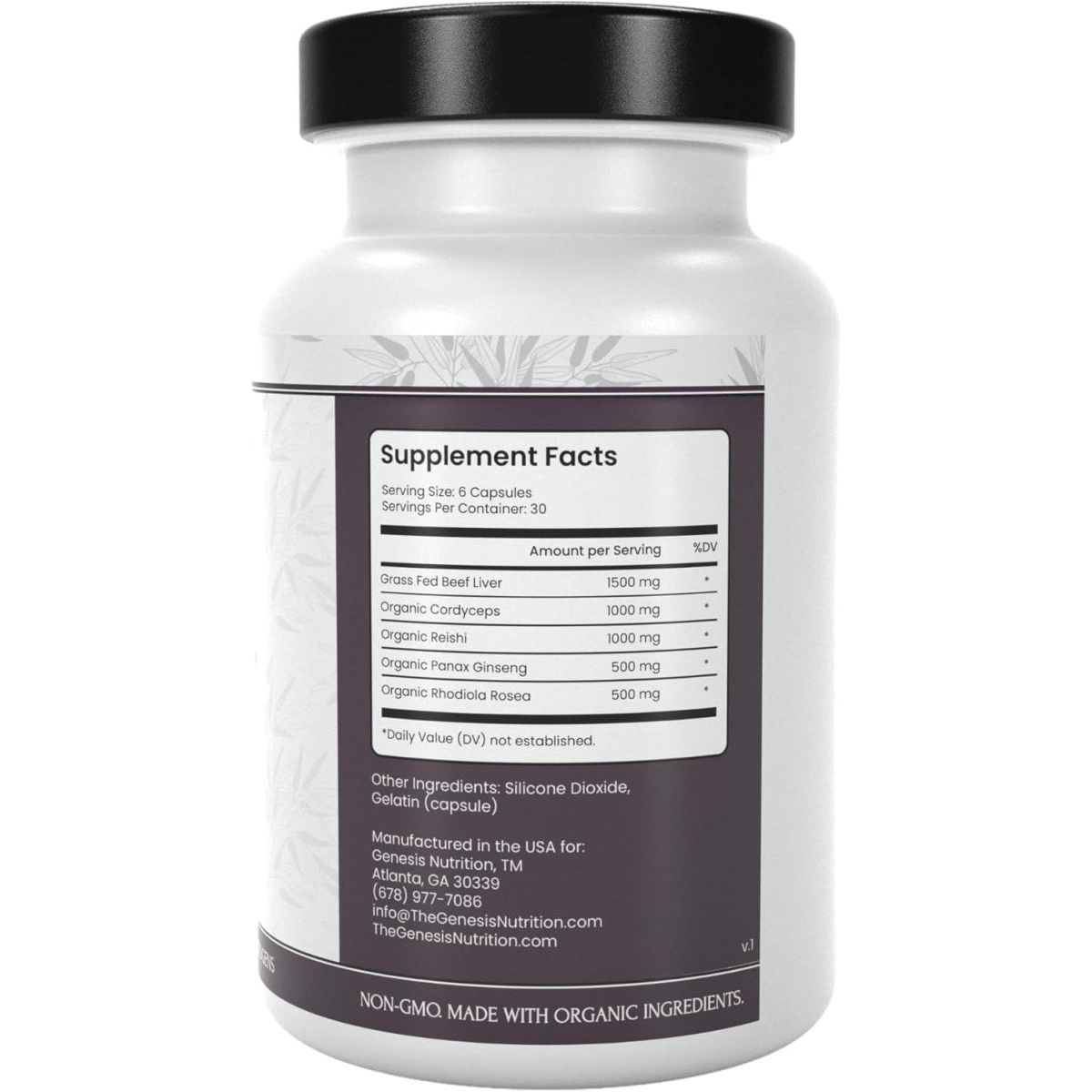 Grass Fed Beef Liver with Reishi & Cordyceps Mushroom, Ginseng, Rhodiola - 4500Mg (180 Capsules) - Suppviv