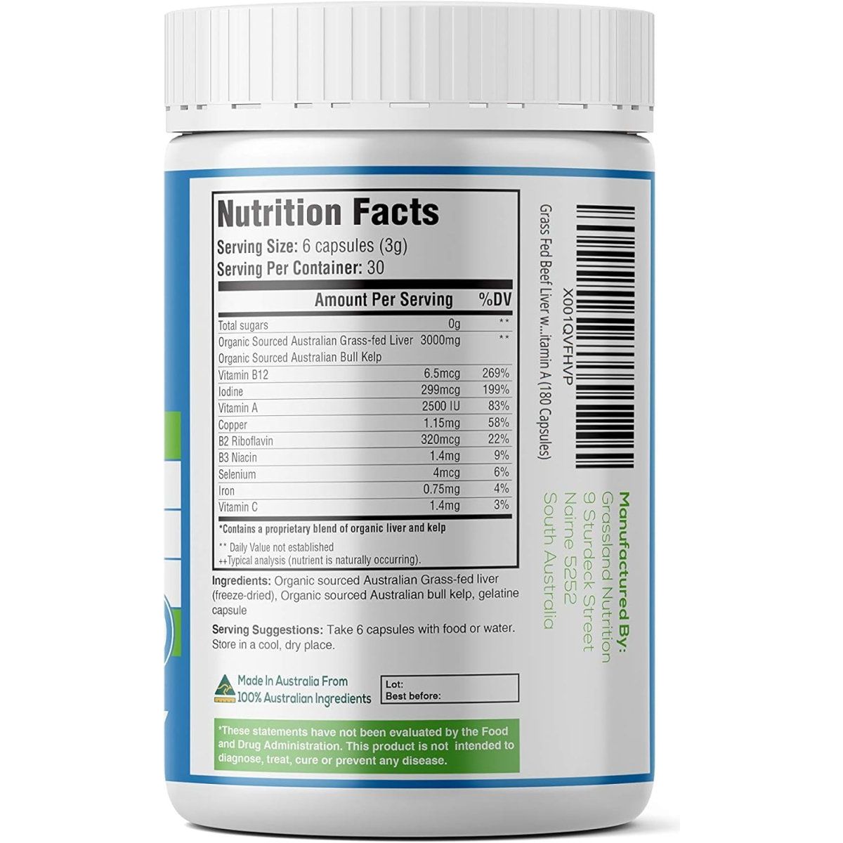 Grass Fed Beef Liver with Wild Harvested Kelp 100% Organically/Halal (180 Capsules) - Suppviv