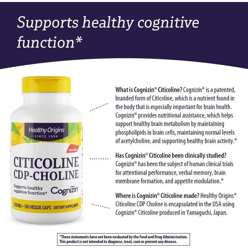 Healthy Origins Cognizin (Citicoline), 250 Mg - Brain Supplement for Memory with Citicoline CDP Choline - 150 Veggie Capsules - Suppviv