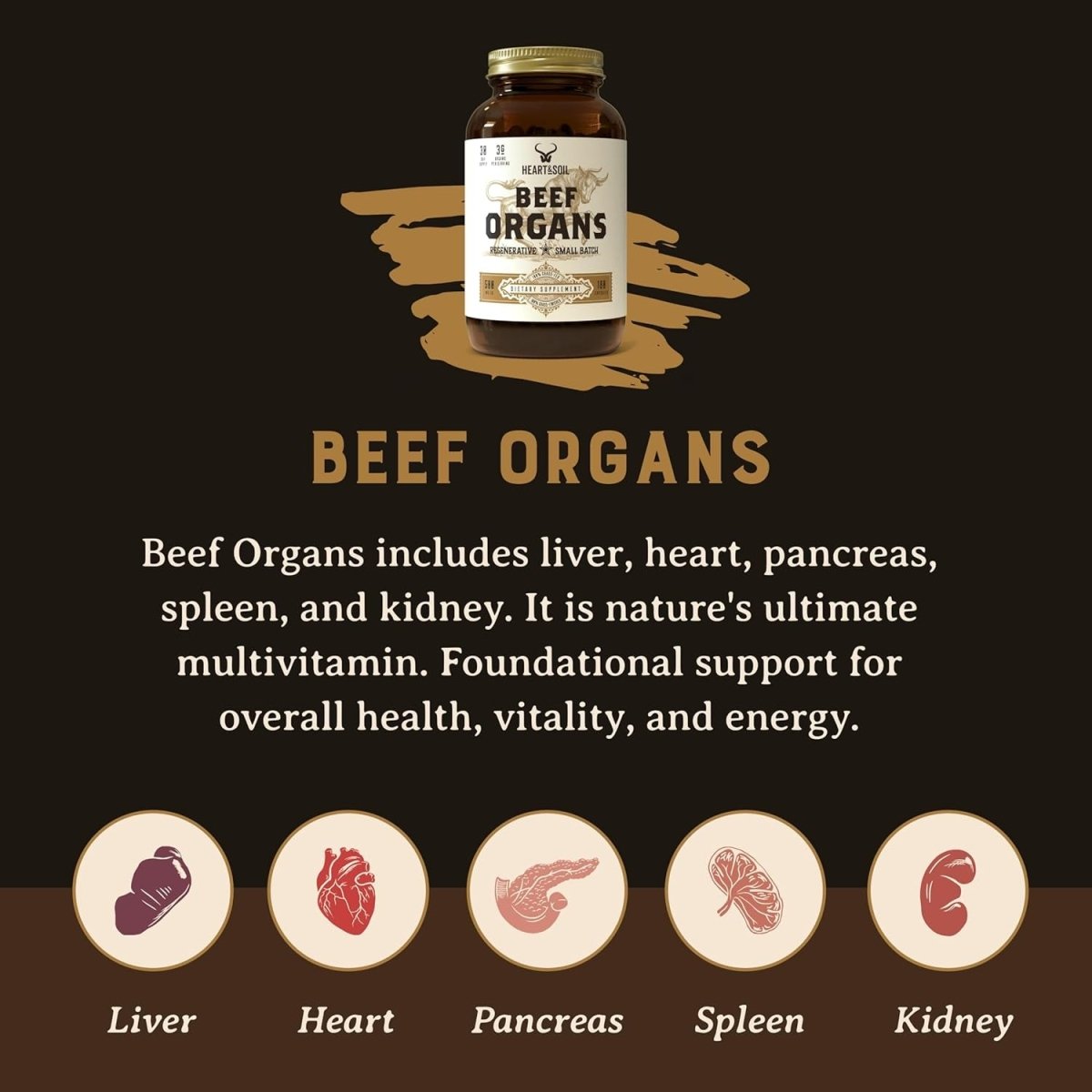 HEART & SOIL Beef Organs Complex — Grass Fed Liver,Heart,Kidney,Pancreas,and Spleen (180 Capsules) - Suppviv