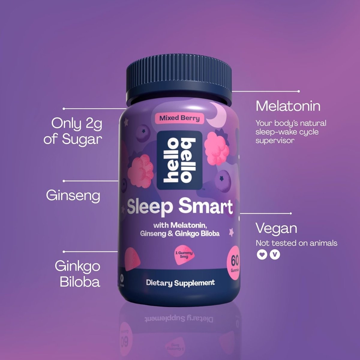 Hello Bello Adult Sleep Smart Vegan Gummies with 5Mg Melatonin – Mixed Berry - 60Ct - Suppviv