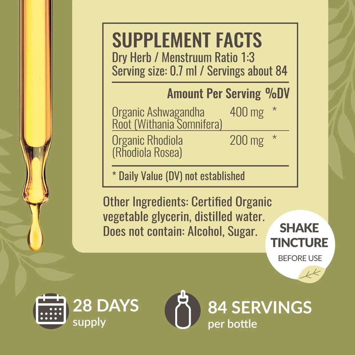 HERBAMAMA Adrenal Support Drops - Pure Ashwagandha and Rhodiola Rosea Adrenal Extracts for Vegan Energy Support - Suppviv