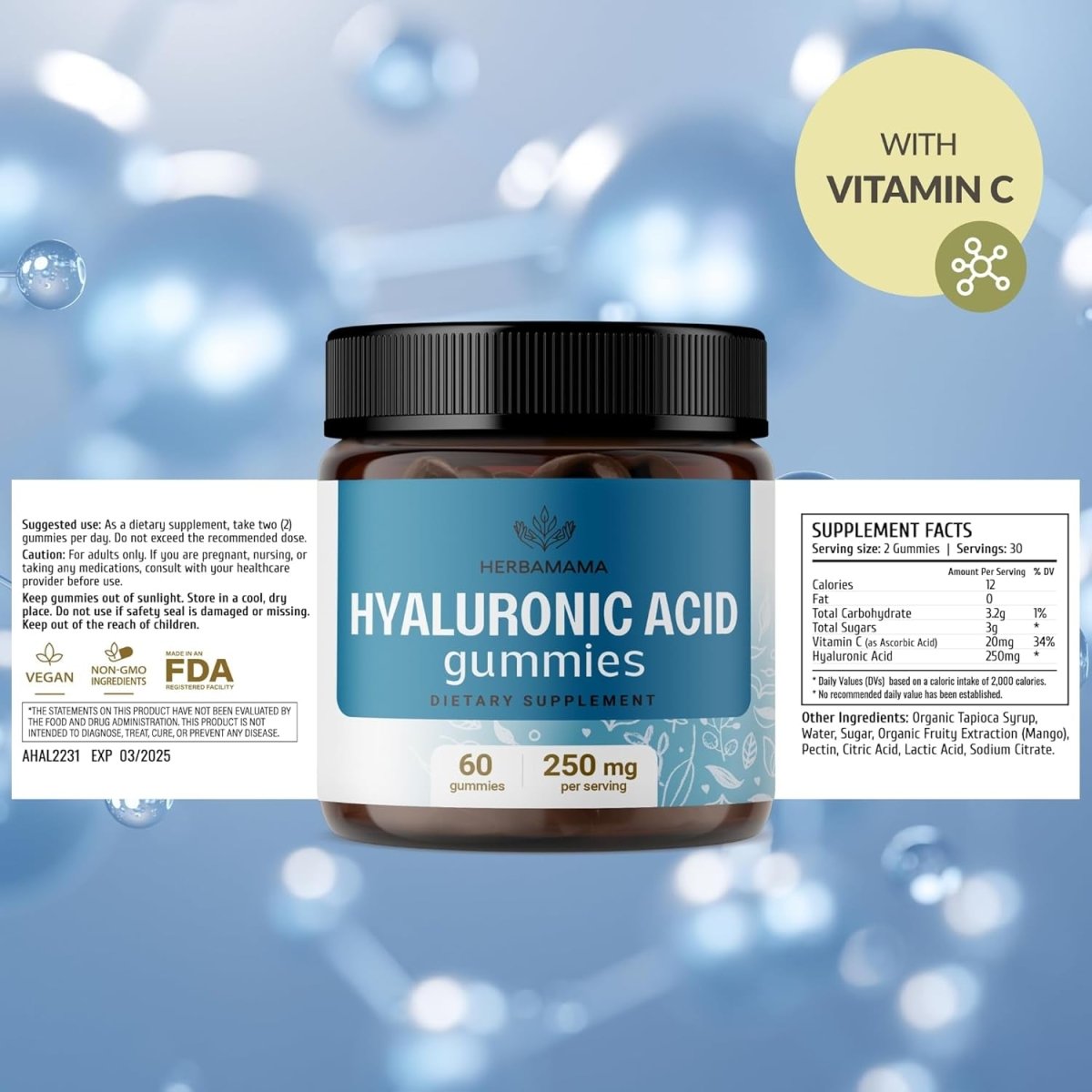 HERBAMAMA Hyaluronic Acid Gummies 250 Mg - for Skin and Joints 60 Mango - Flavored Chewables - Suppviv