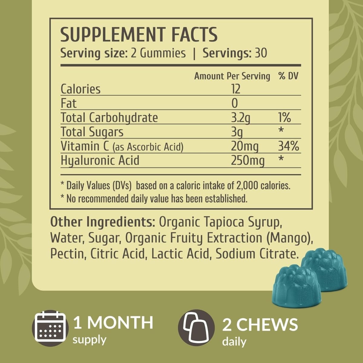 HERBAMAMA Hyaluronic Acid Gummies 250 Mg - for Skin and Joints 60 Mango - Flavored Chewables - Suppviv