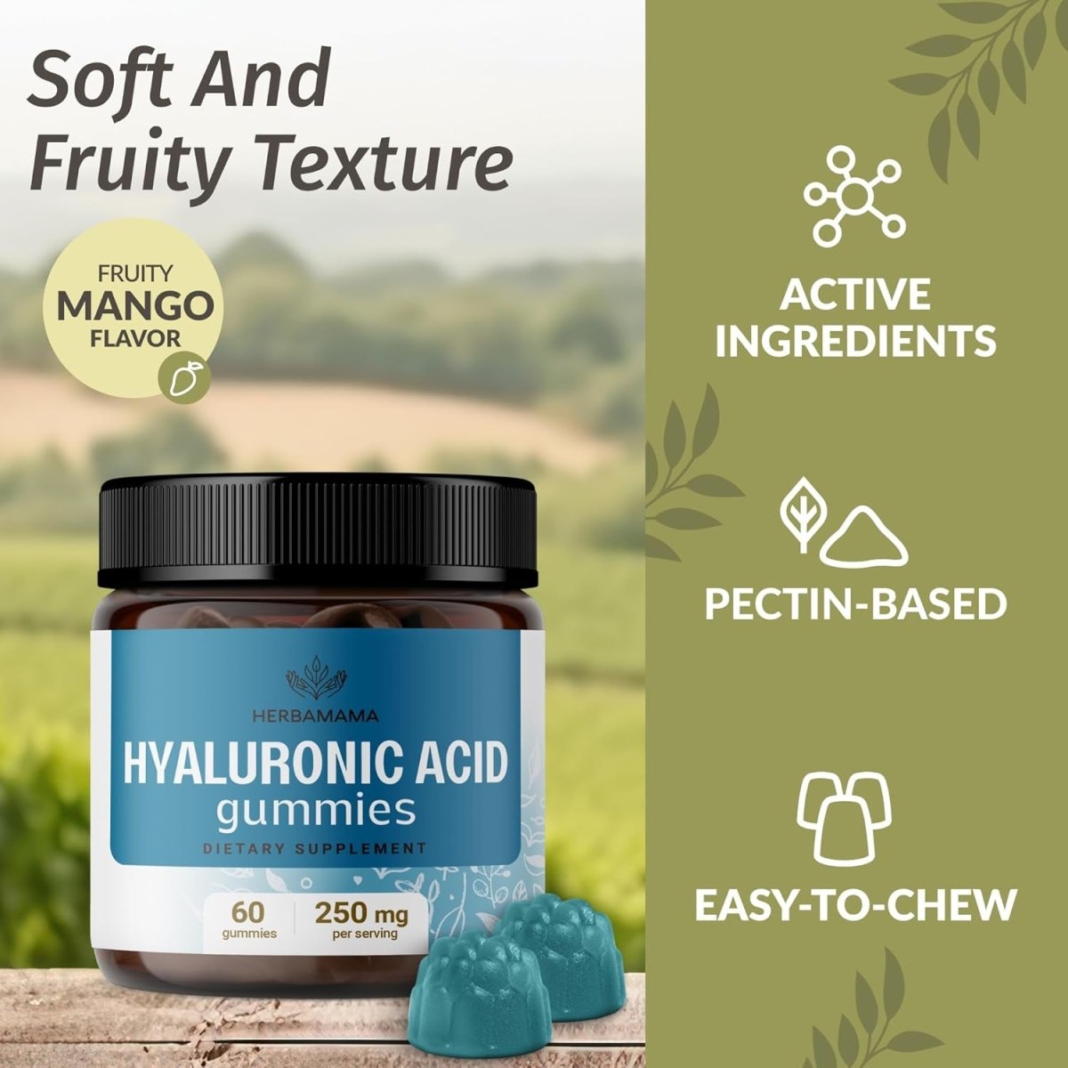 HERBAMAMA Hyaluronic Acid Gummies 250 Mg - for Skin and Joints 60 Mango - Flavored Chewables - Suppviv