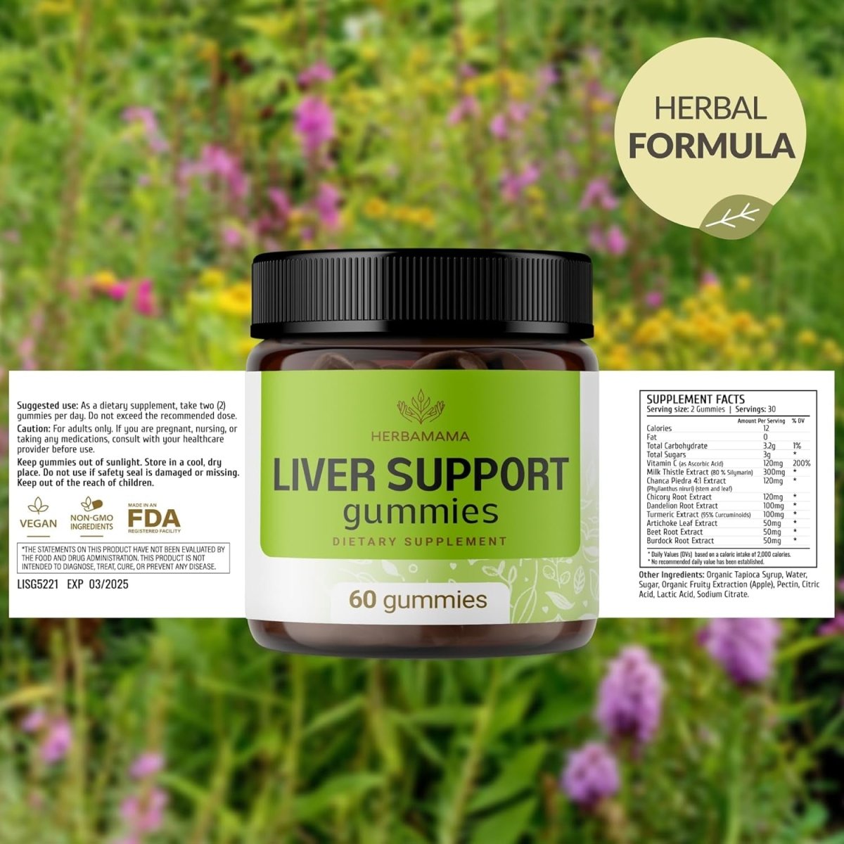 HERBAMAMA Liver Support Gummies - Herbal Complex for Liver Detox and Cleanse 60 Servings - Suppviv