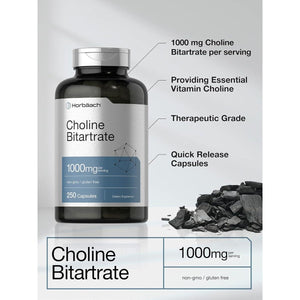 Horbaach Choline Bitartrate Supplement | 1000Mg | 250 Capsules | High Potency | - Suppviv