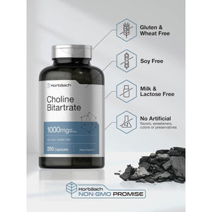 Horbaach Choline Bitartrate Supplement | 1000Mg | 250 Capsules | High Potency | - Suppviv