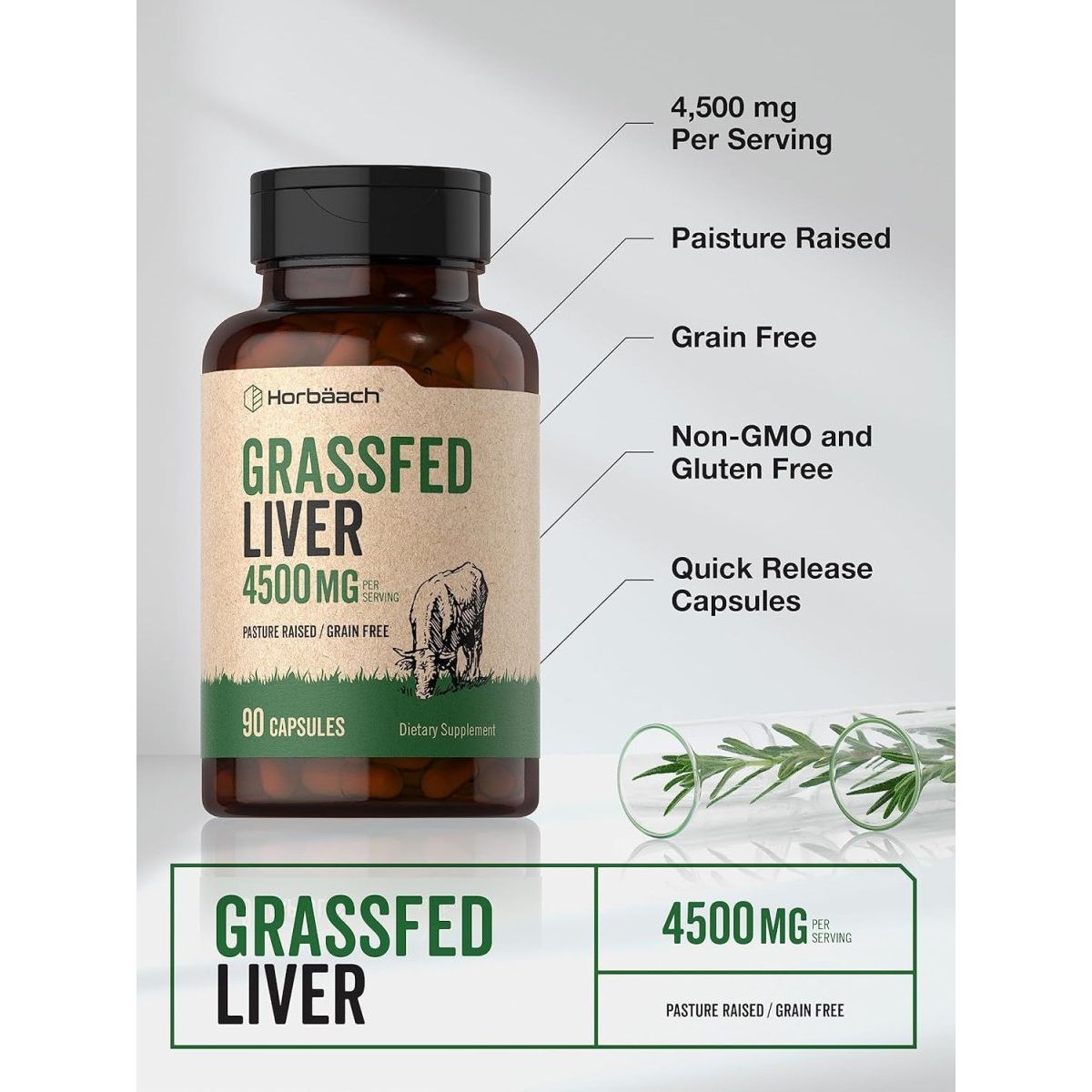 Horbäach Grass Fed Beef Liver Supplement 4500Mg 90 Capsules - Suppviv
