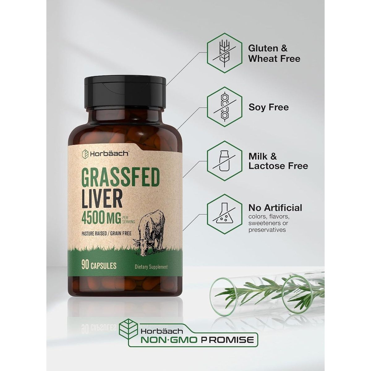 Horbäach Grass Fed Beef Liver Supplement 4500Mg 90 Capsules - Suppviv