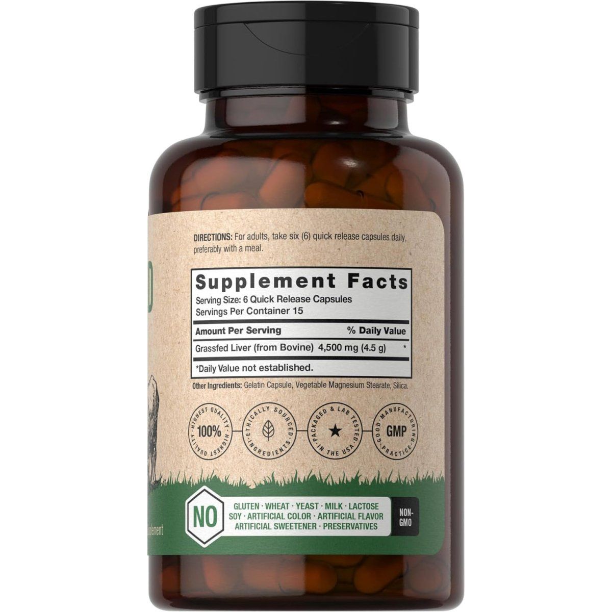 Horbäach Grass Fed Beef Liver Supplement 4500Mg 90 Capsules - Suppviv