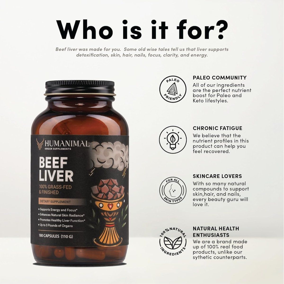 Humanimal Beef Liver Supplement | Nutrient - Dense Beef Liver Capsules 180 Capsules - Suppviv