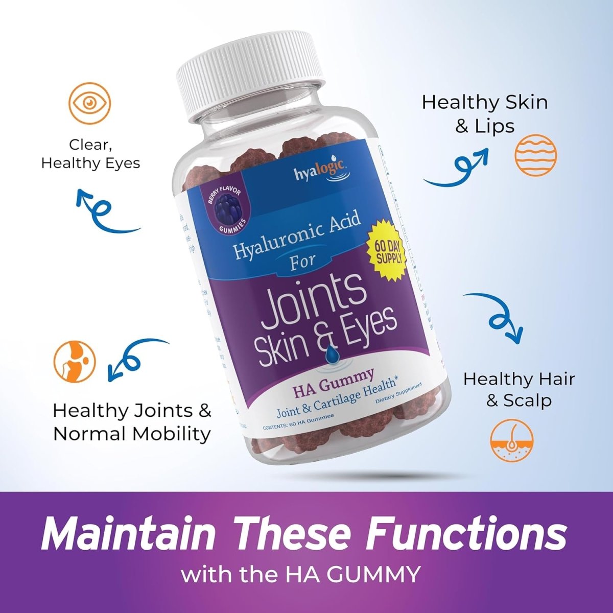 Hyalogic Chewy HA Gummies Mixed Berry Flavor Hyaluronic Acid Gummies – 60 Count (120 Mg) - Suppviv
