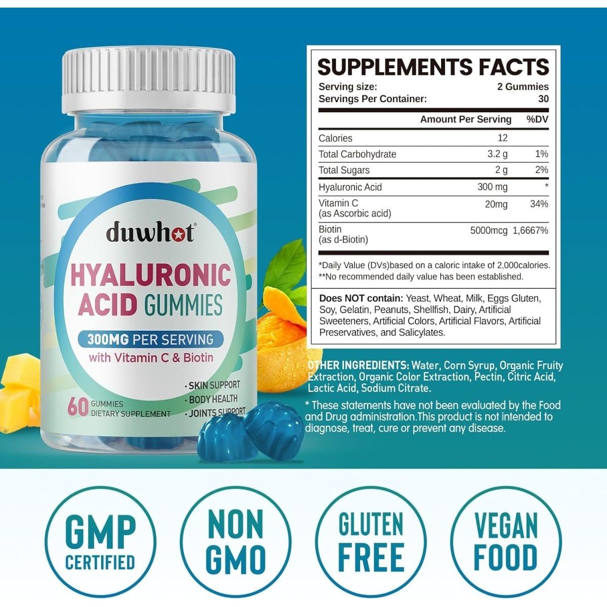 Hyaluronic Acid Gummies for Glowing Skin, Joints & Eyes,60 Chewables - Suppviv