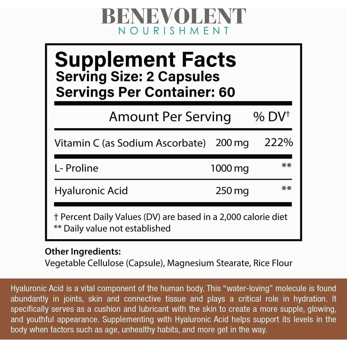 Hyaluronic Acid Supplements 250Mg with 200Mg Vitamin C, 1000Mg L - Proline & Anti - Aging Benefits,120 Capsules - Suppviv