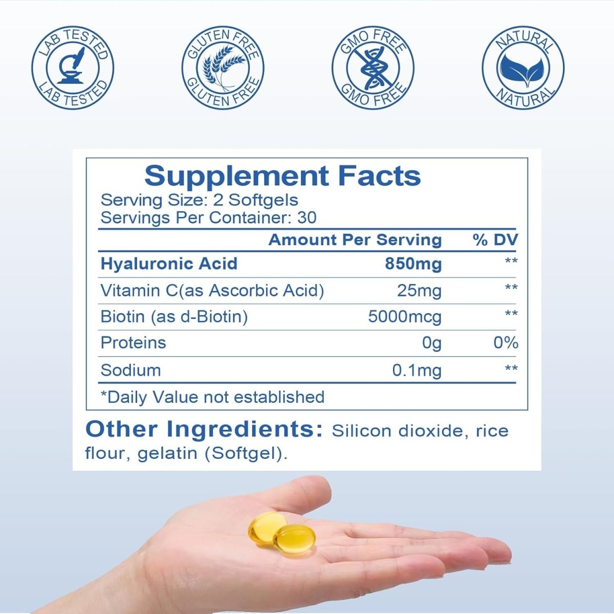 Hyaluronic Acid Supplements 850Mg with Biotin 5000Mcg & Vitamin C 25Mg High Absorption Antioxidant 60 Softgels - Suppviv