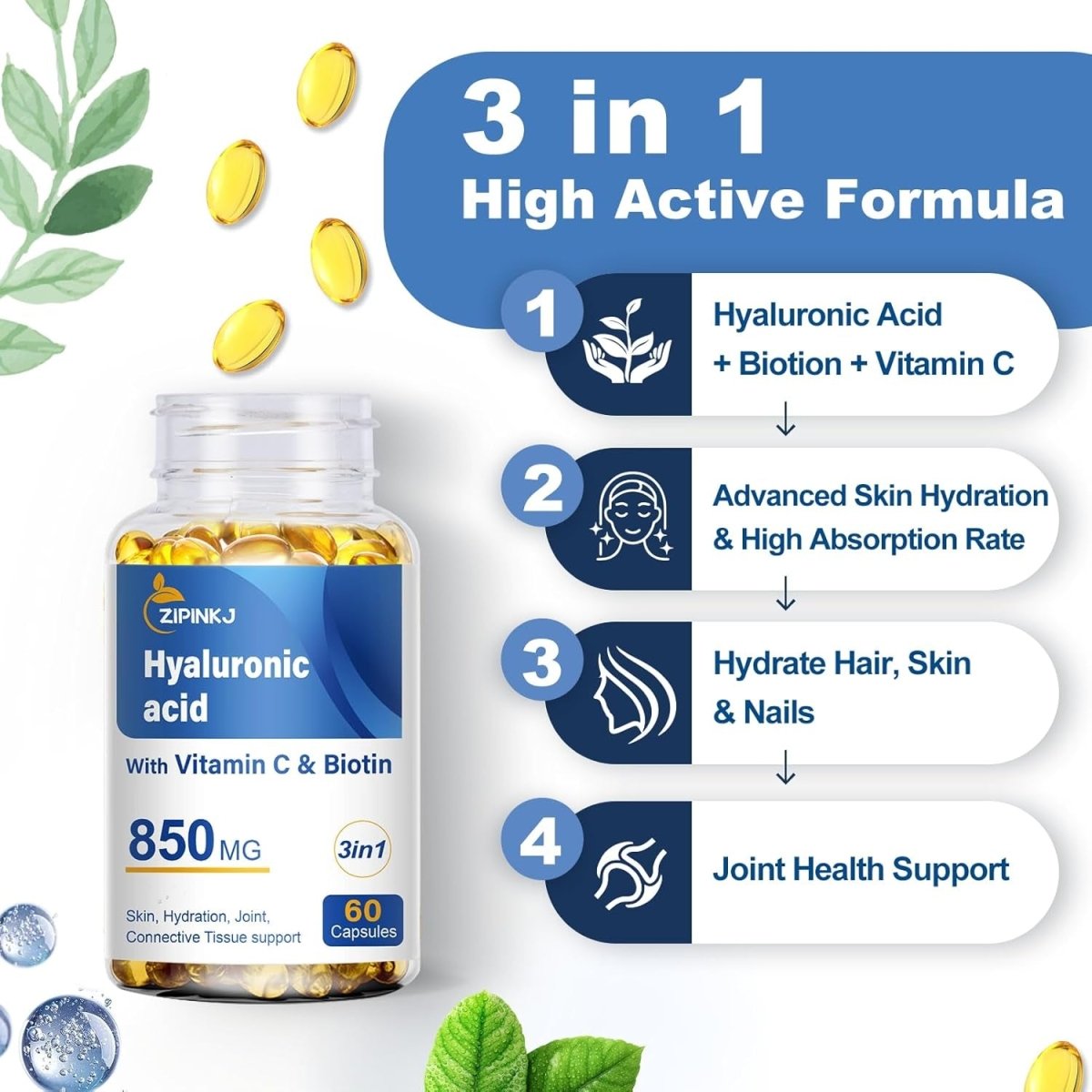 Hyaluronic Acid Supplements 850Mg with Biotin 5000Mcg & Vitamin C 25Mg High Absorption Antioxidant 60 Softgels - Suppviv