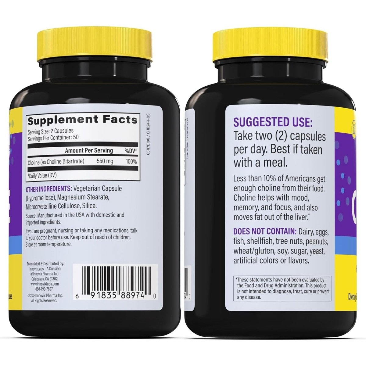 Innovixlabs Choline Supplement 550Mg Pure Choline Bitartrate for Brain Health, Focus, Memory, Cognitive Development, Fatty Liver and Mood Support, 100 Capsules - Suppviv