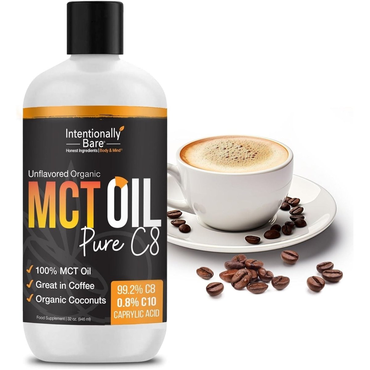Intentionally Bare Pure C8 MCT Oil Organic - Brain Octane C8 MCT Oil for Keto Paleo & Vegan Diet - Unflavored 32Oz - Suppviv