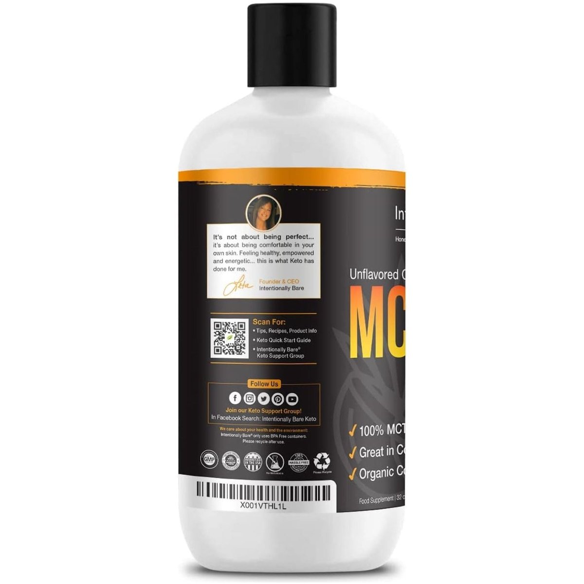 Intentionally Bare Pure C8 MCT Oil Organic - Brain Octane C8 MCT Oil for Keto Paleo & Vegan Diet - Unflavored 32Oz - Suppviv