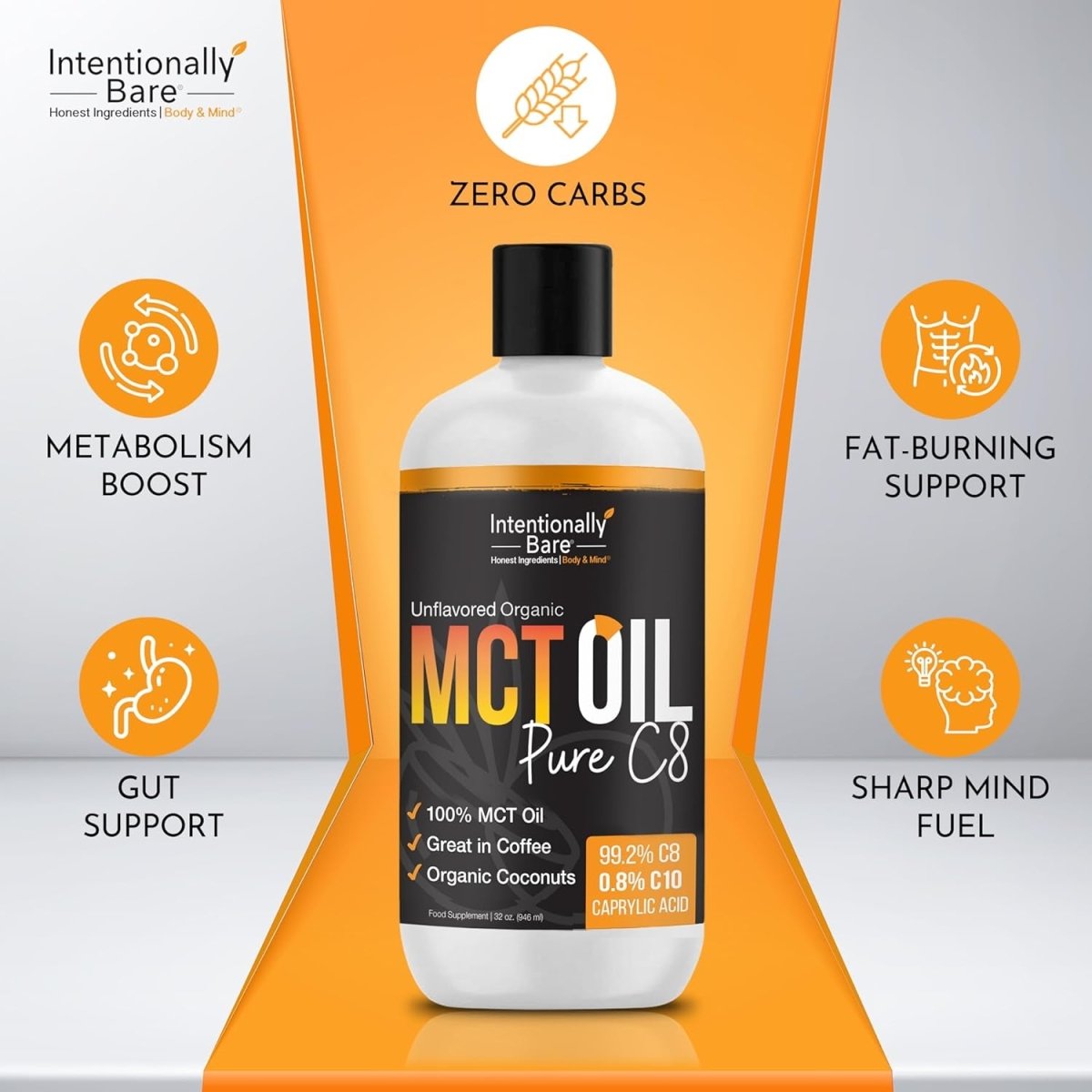 Intentionally Bare Pure C8 MCT Oil Organic - Brain Octane C8 MCT Oil for Keto Paleo & Vegan Diet - Unflavored 32Oz - Suppviv