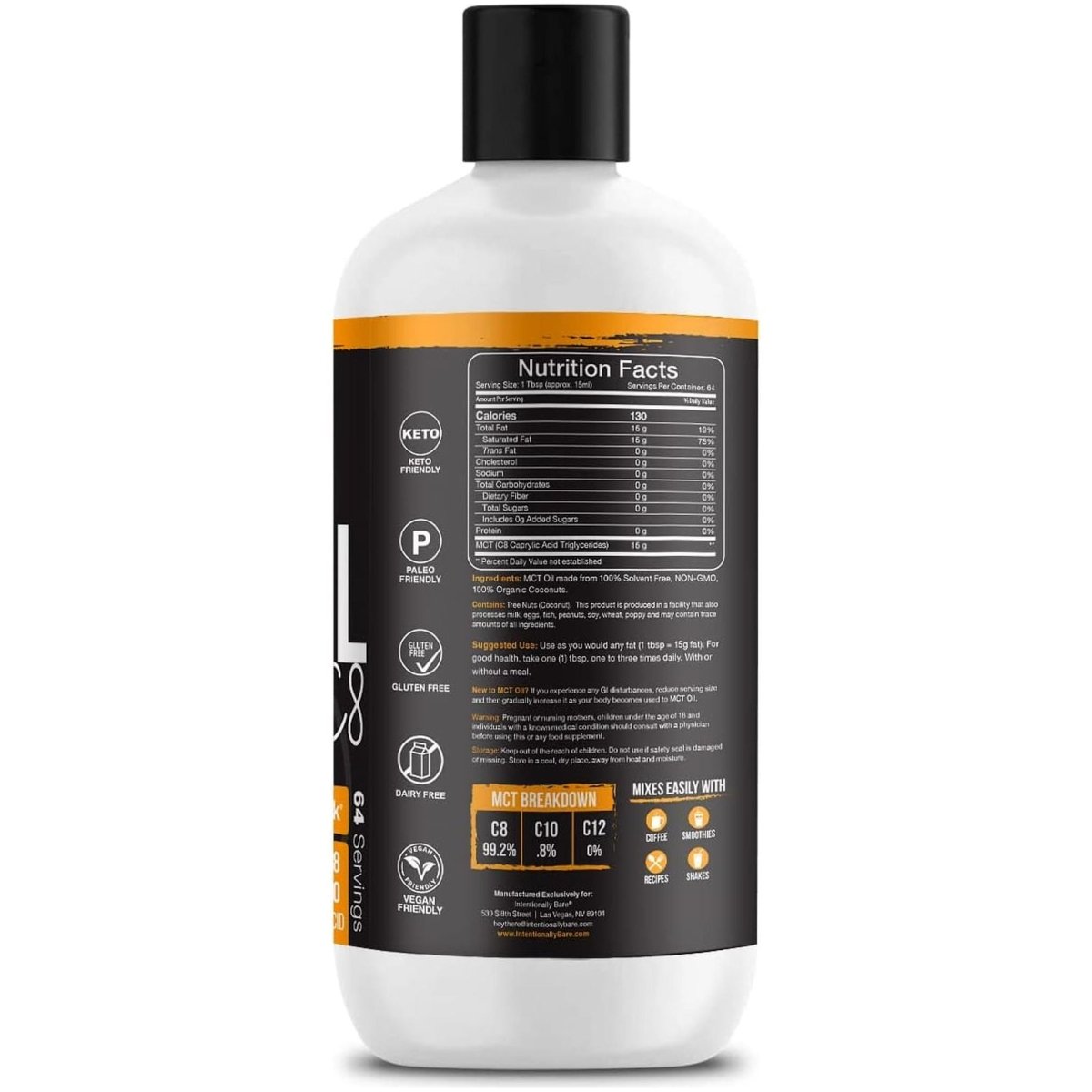 Intentionally Bare Pure C8 MCT Oil Organic - Brain Octane C8 MCT Oil for Keto Paleo & Vegan Diet - Unflavored 32Oz - Suppviv