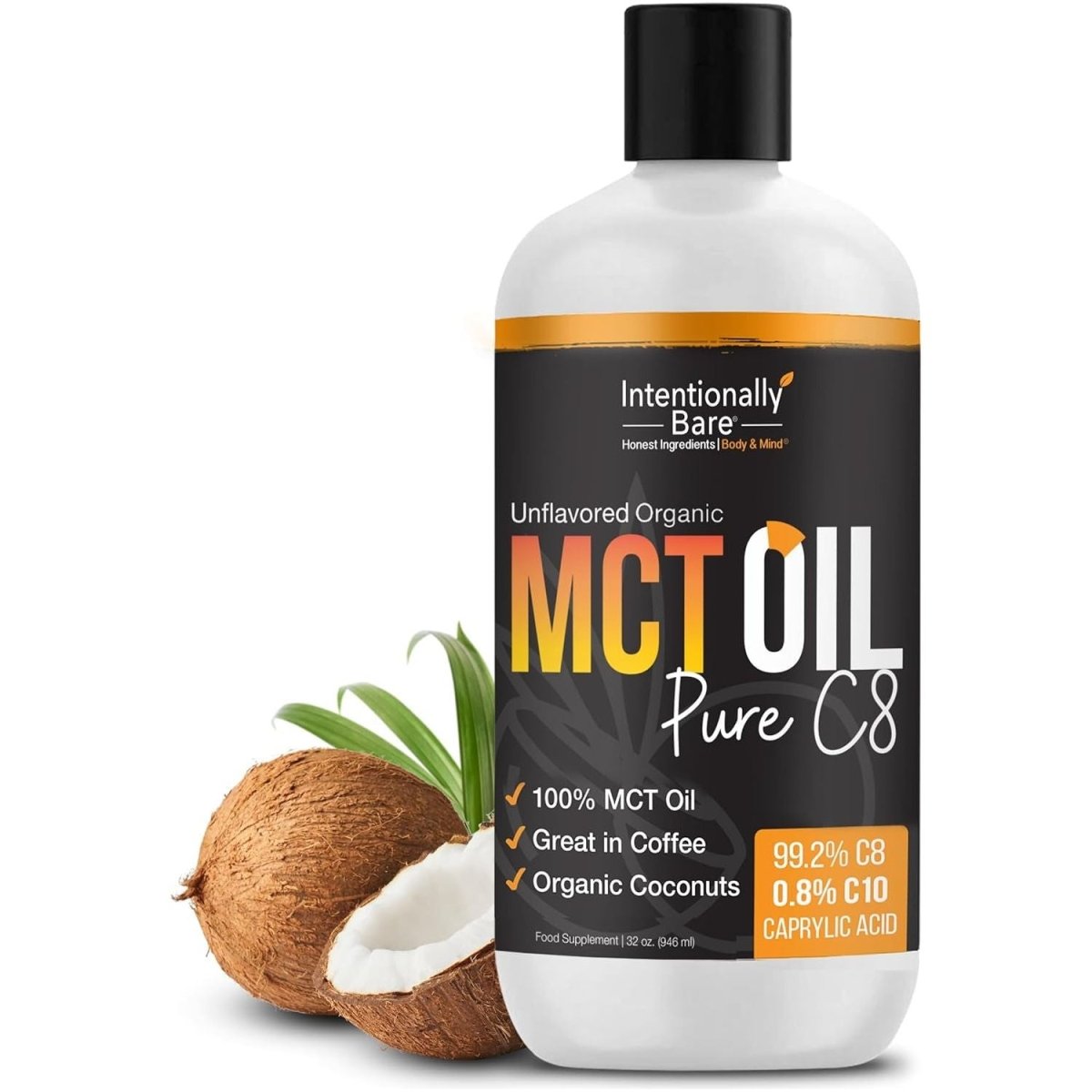 Intentionally Bare Pure C8 MCT Oil Organic - Brain Octane C8 MCT Oil for Keto Paleo & Vegan Diet - Unflavored 32Oz - Suppviv