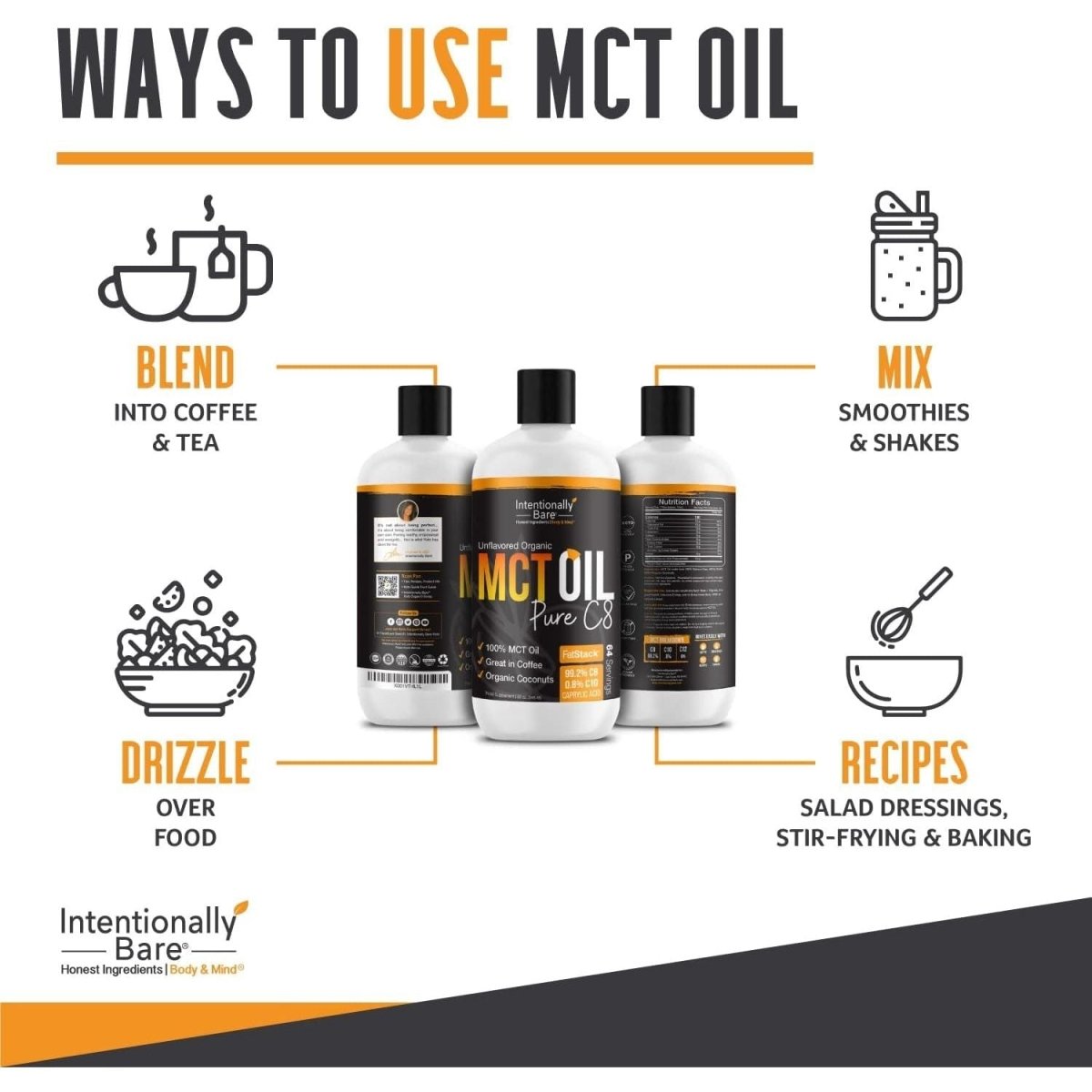 Intentionally Bare Pure C8 MCT Oil Organic - Brain Octane C8 MCT Oil for Keto Paleo & Vegan Diet - Unflavored 32Oz - Suppviv