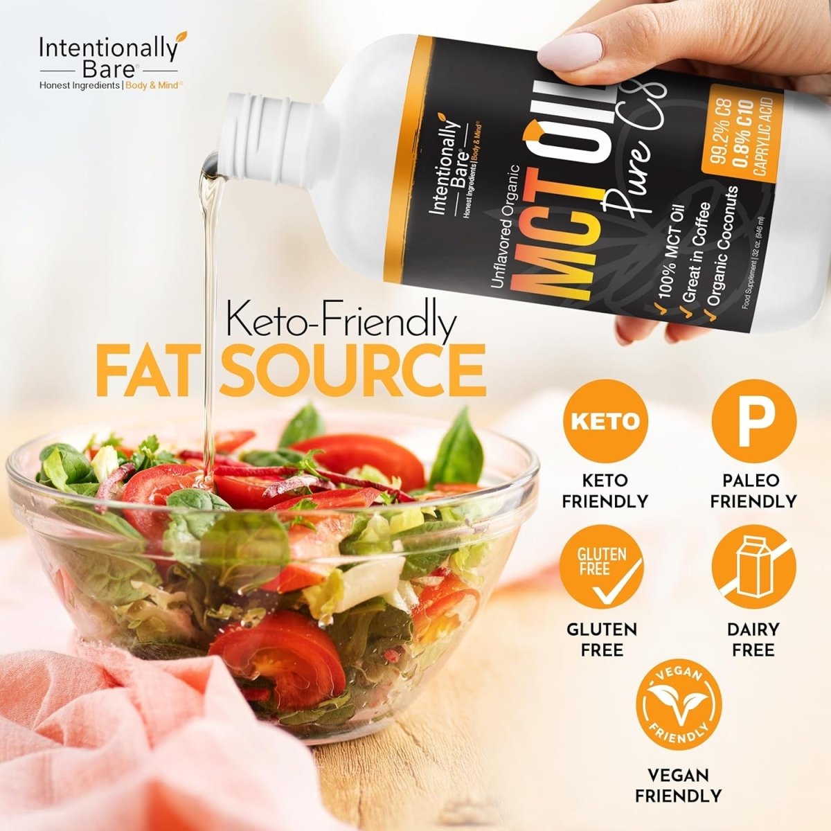 Intentionally Bare Pure C8 MCT Oil Organic - Brain Octane C8 MCT Oil for Keto Paleo & Vegan Diet - Unflavored 32Oz - Suppviv