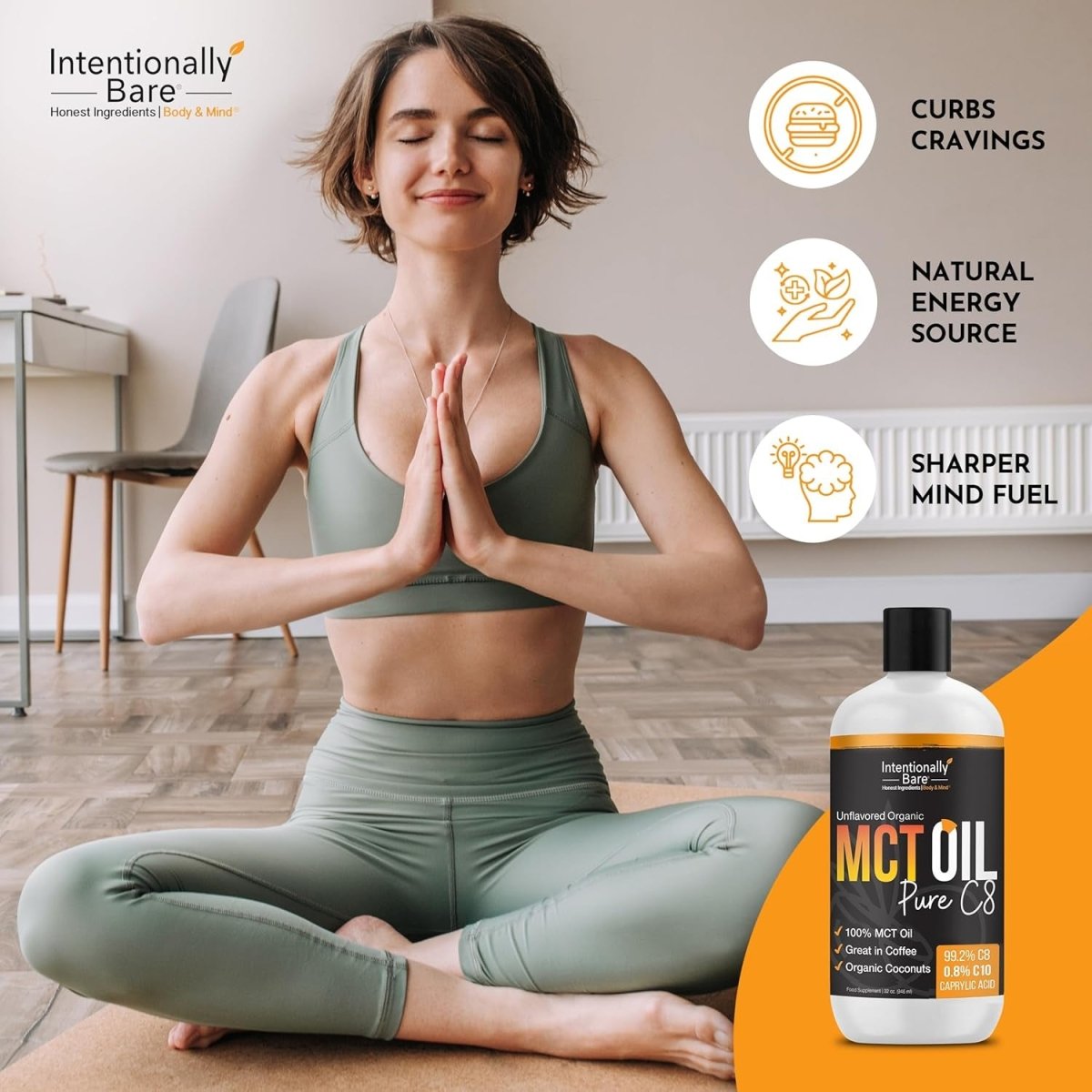 Intentionally Bare Pure C8 MCT Oil Organic - Brain Octane C8 MCT Oil for Keto Paleo & Vegan Diet - Unflavored 32Oz - Suppviv