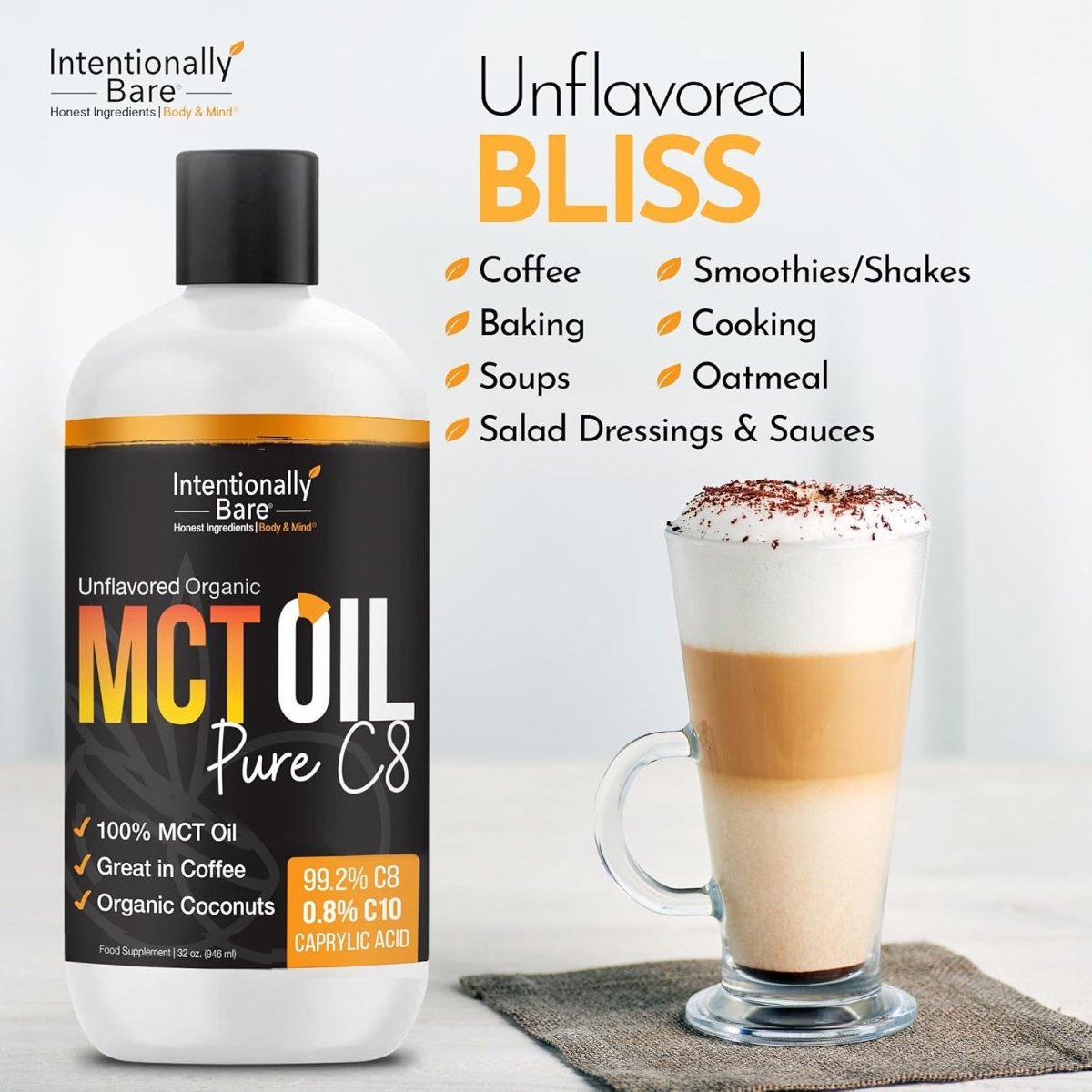 Intentionally Bare Pure C8 MCT Oil Organic - Brain Octane C8 MCT Oil for Keto Paleo & Vegan Diet - Unflavored 32Oz - Suppviv