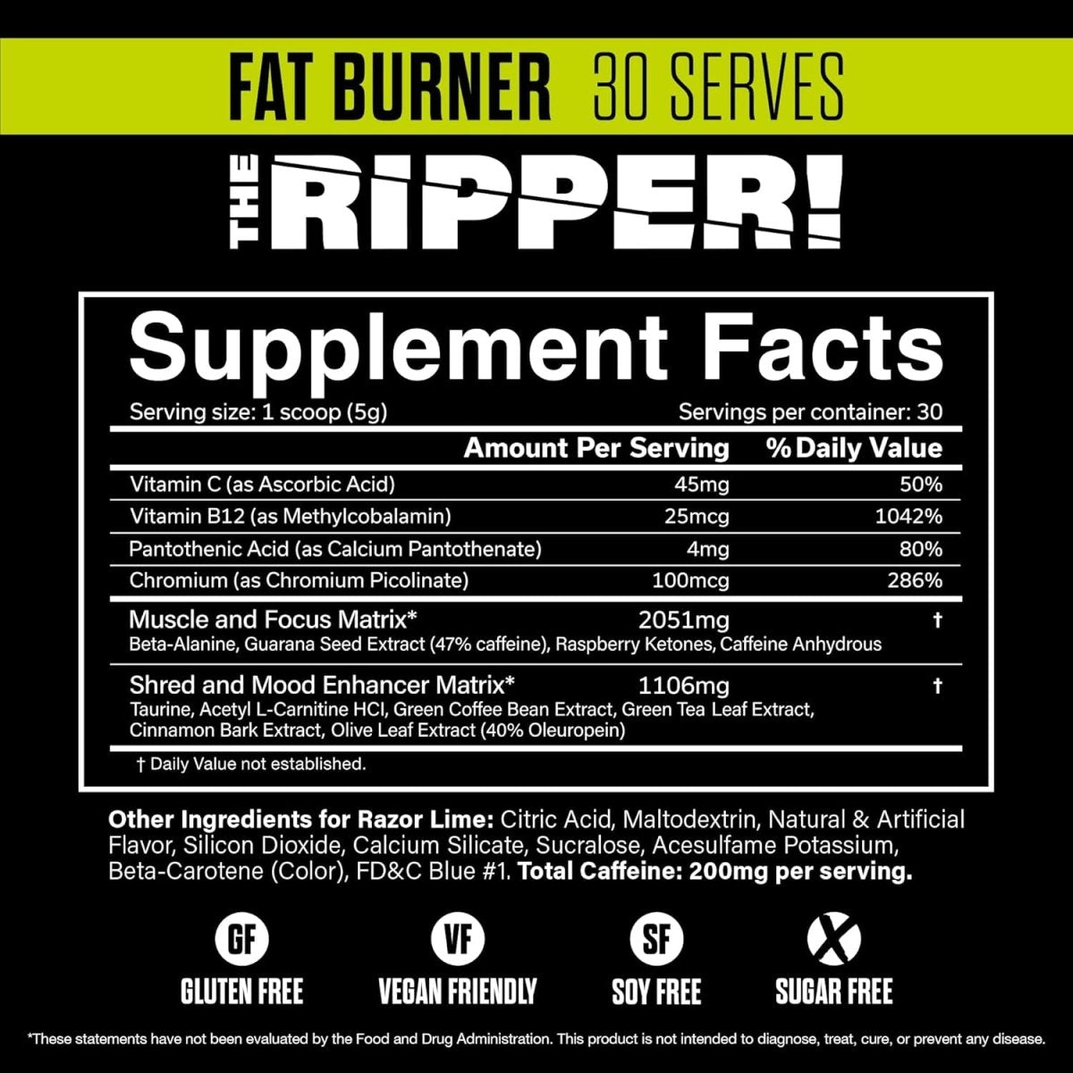 JNX SPORTS the Ripper! Shredding Thermogenic Fat Burner - Razor Lime 30 Servings - Suppviv