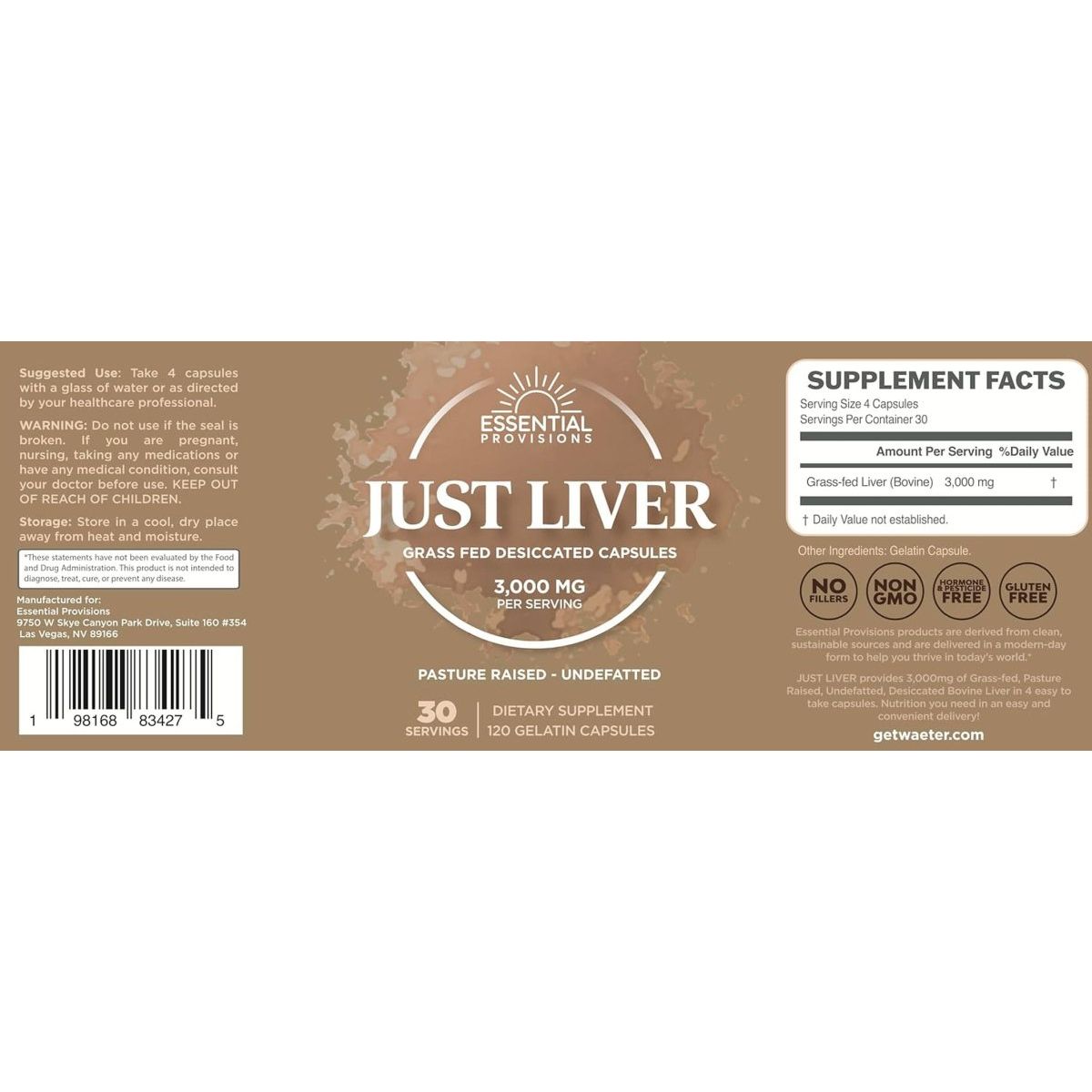 Just Liver, Grass - Fed and Pasture Raised Beef Liver Capsules, 3000Mg per Serving, 120 Count - Suppviv
