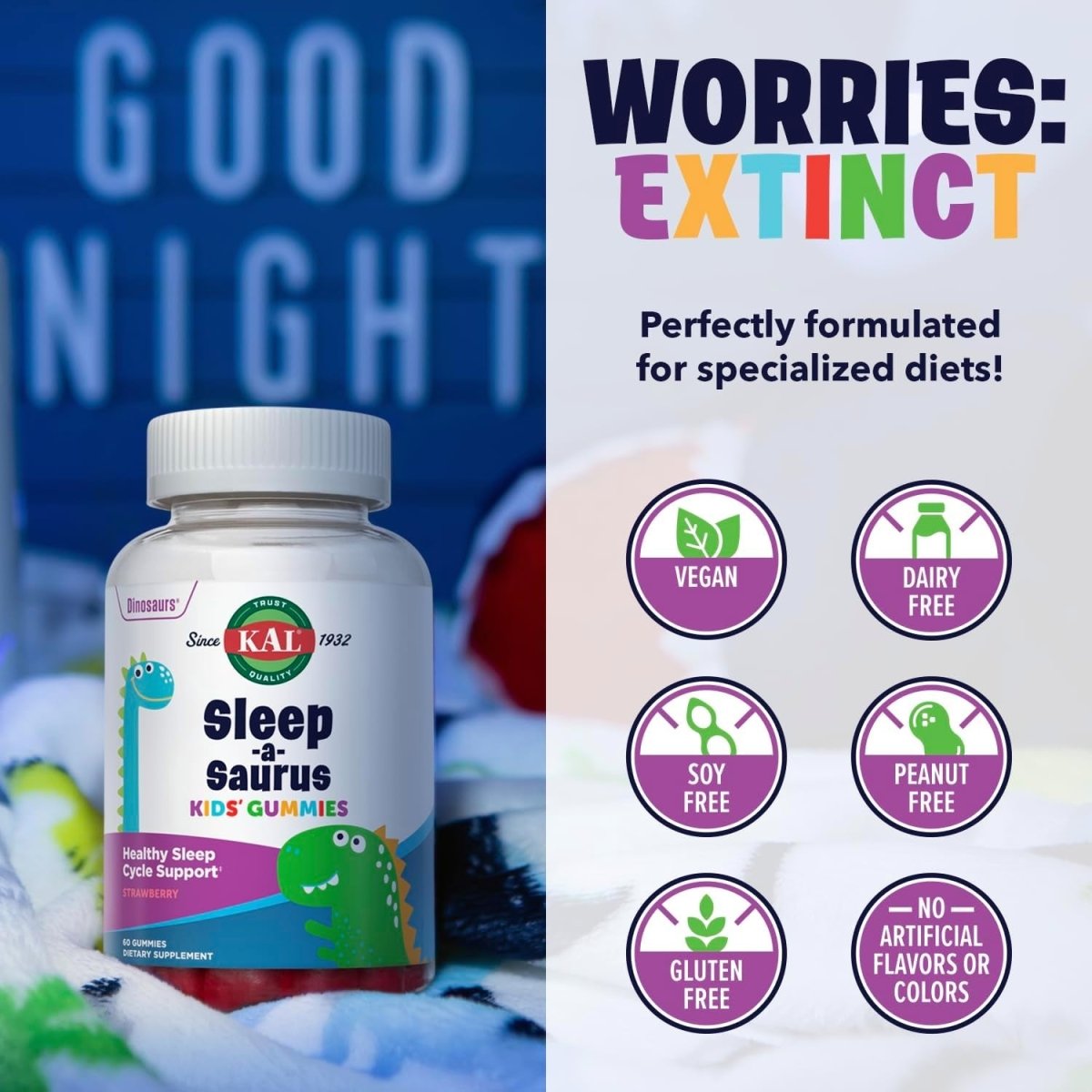 KAL Sleep - A - Saurus Melatonin Gummies for Kids 60 Gummies - Suppviv